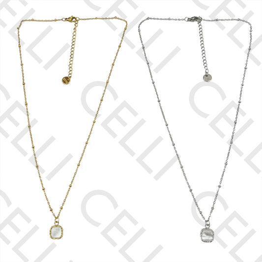 Colar de Aço (malha oval achatada com bolinhas) - medalha quadrada com madrepérola