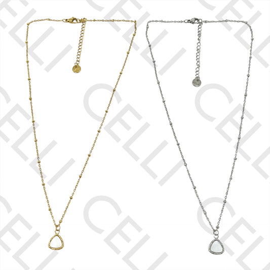 Colar de Aço (malha oval achatada com bolinhas) - medalha triangular com madrepérola