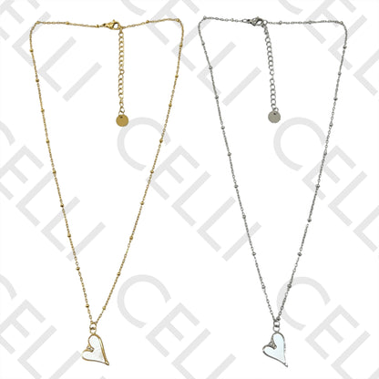 Colar de Aço (malha oval achatada com bolinhas) - medalha coração com madrepérola e brilhantes