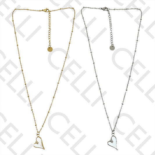 Colar de Aço (malha oval achatada com bolinhas) - medalha coração com madrepérola e brilhantes