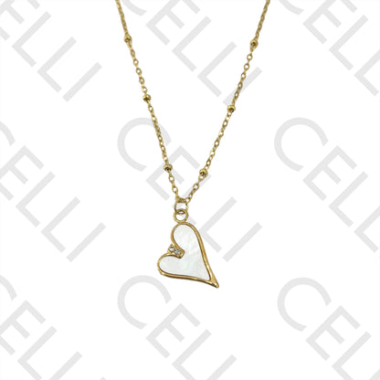 Colar de Aço (malha oval achatada com bolinhas) - medalha coração com madrepérola e brilhantes