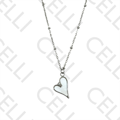 Colar de Aço (malha oval achatada com bolinhas) - medalha coração com madrepérola e brilhantes