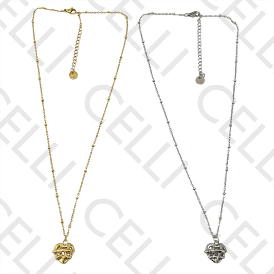 Colar de Aço (malha oval achatada com bolinhas) - medalha coração