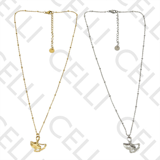 Colar de Aço (malha oval achatada com bolinhas) - medalha folha