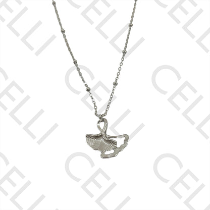 Colar de Aço (malha oval achatada com bolinhas) - medalha folha