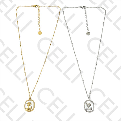 Colar de Aço (malha oval achatada com bolinhas) - medalha rosa com madrepérola