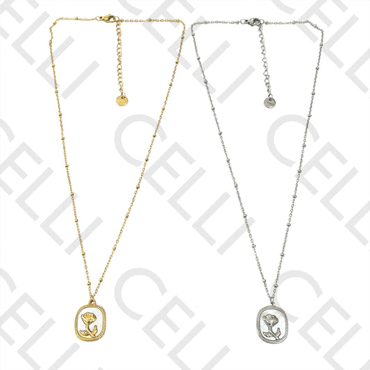 Colar de Aço (malha oval achatada com bolinhas) - medalha rosa com madrepérola