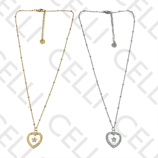 Colar de Aço (malha oval achatada com bolinhas) - medalha coração com madrepérola