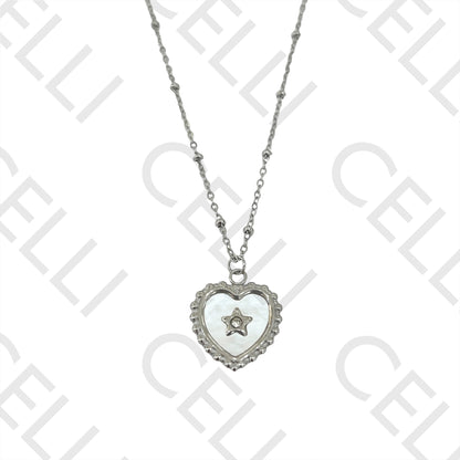 Colar de Aço (malha oval achatada com bolinhas) - medalha coração com madrepérola