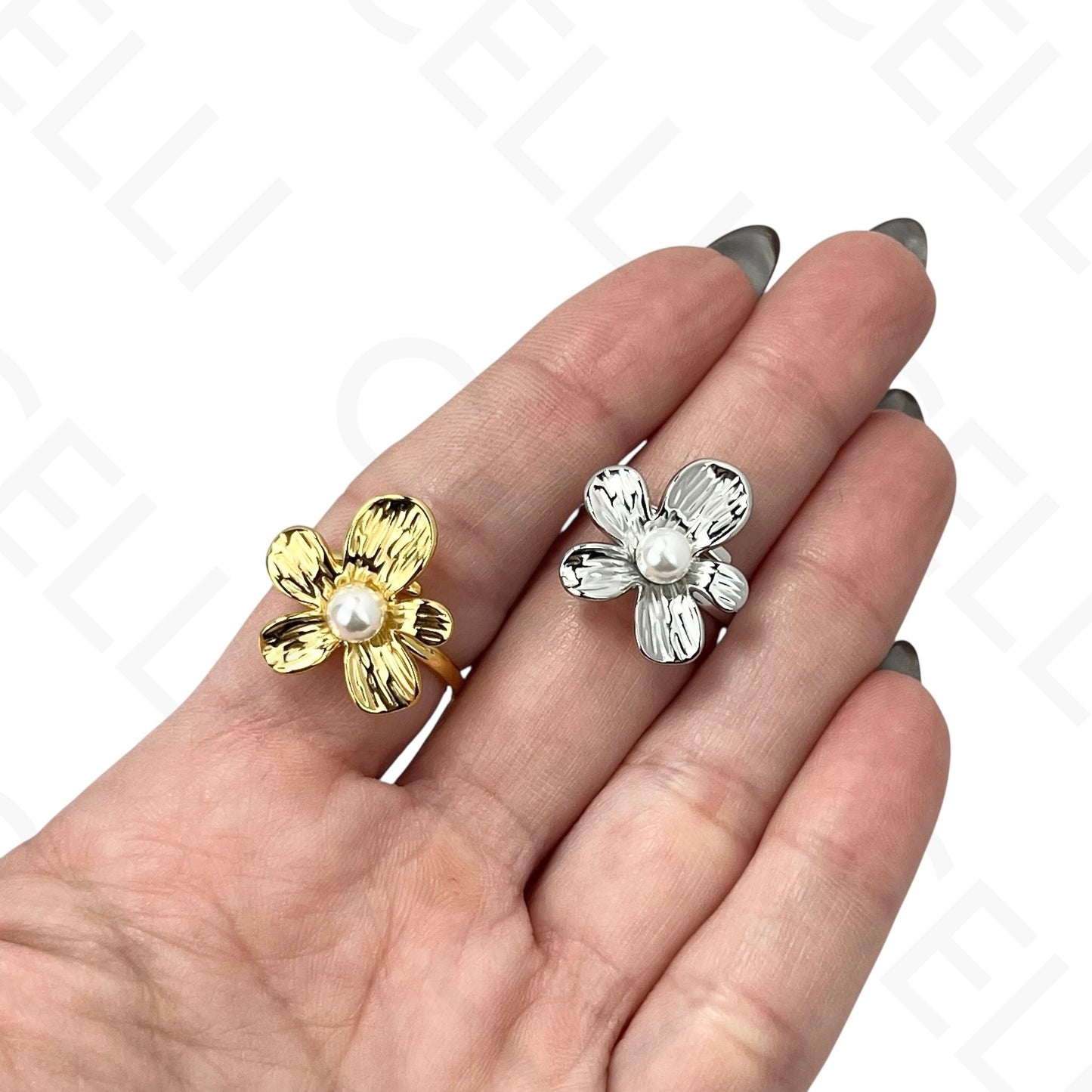 Anillo de Acero Ajustable - flor con perla
