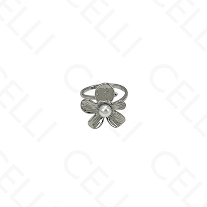 Anillo de Acero Ajustable - flor con perla