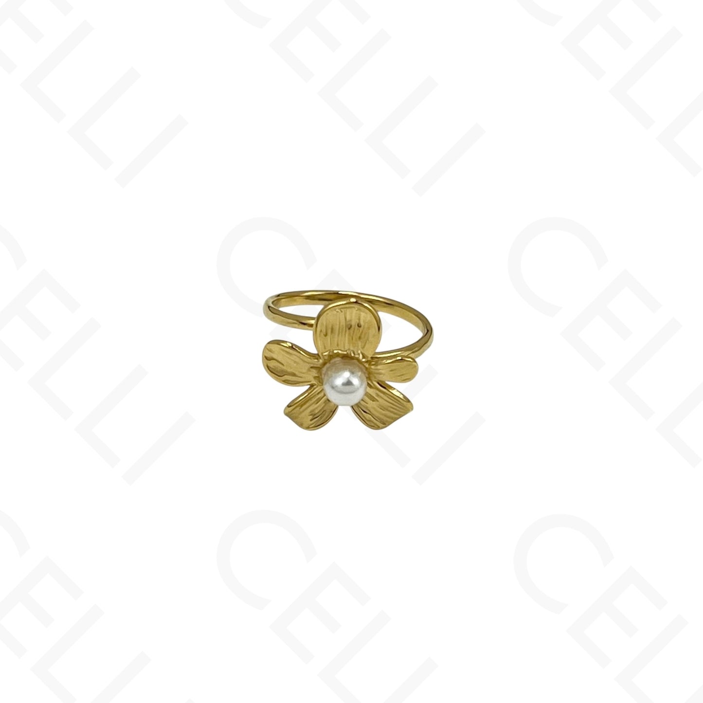 Anillo de Acero Ajustable - flor con perla