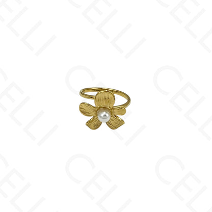 Anillo de Acero Ajustable - flor con perla