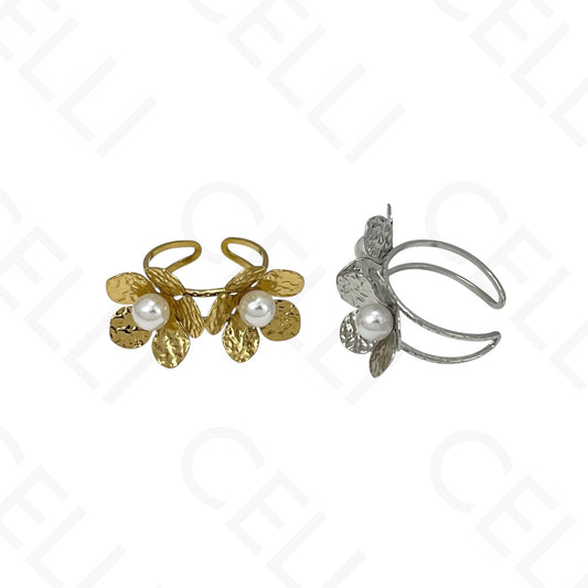 Anel de Aço Ajustável - duas flores com pérolas