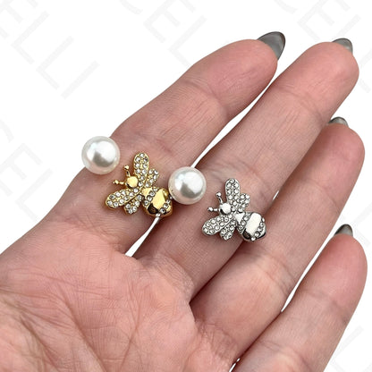 Anillo de Acero Ajustable - abeja con brillantes y perla