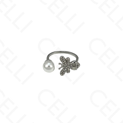 Anillo de Acero Ajustable - abeja con brillantes y perla