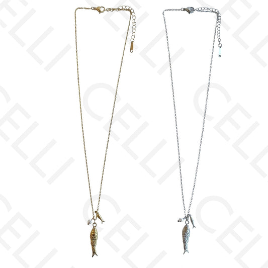 Colar de aço - peixe e pérola