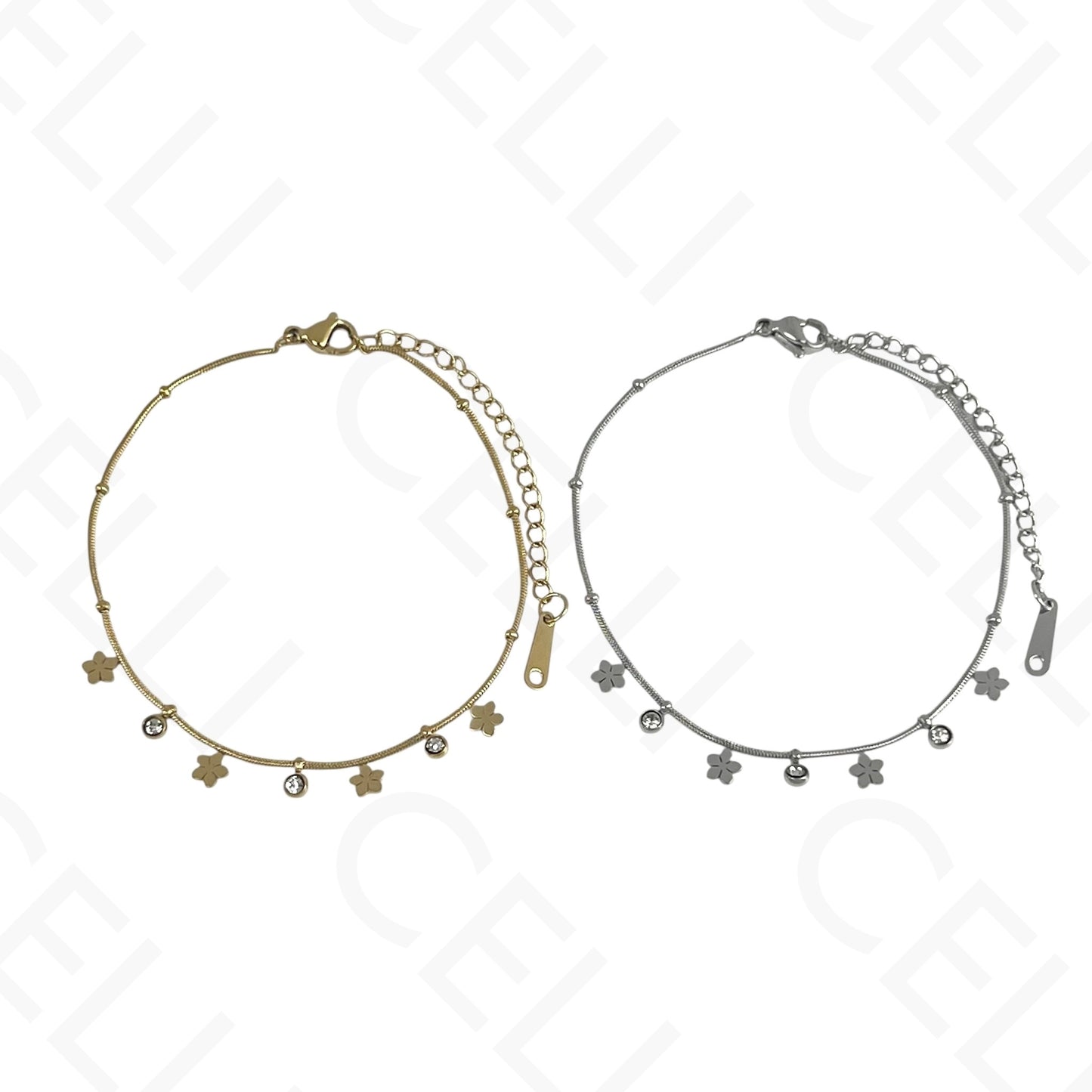 Colar/Pulseira de aço - mini flores com brilhantes