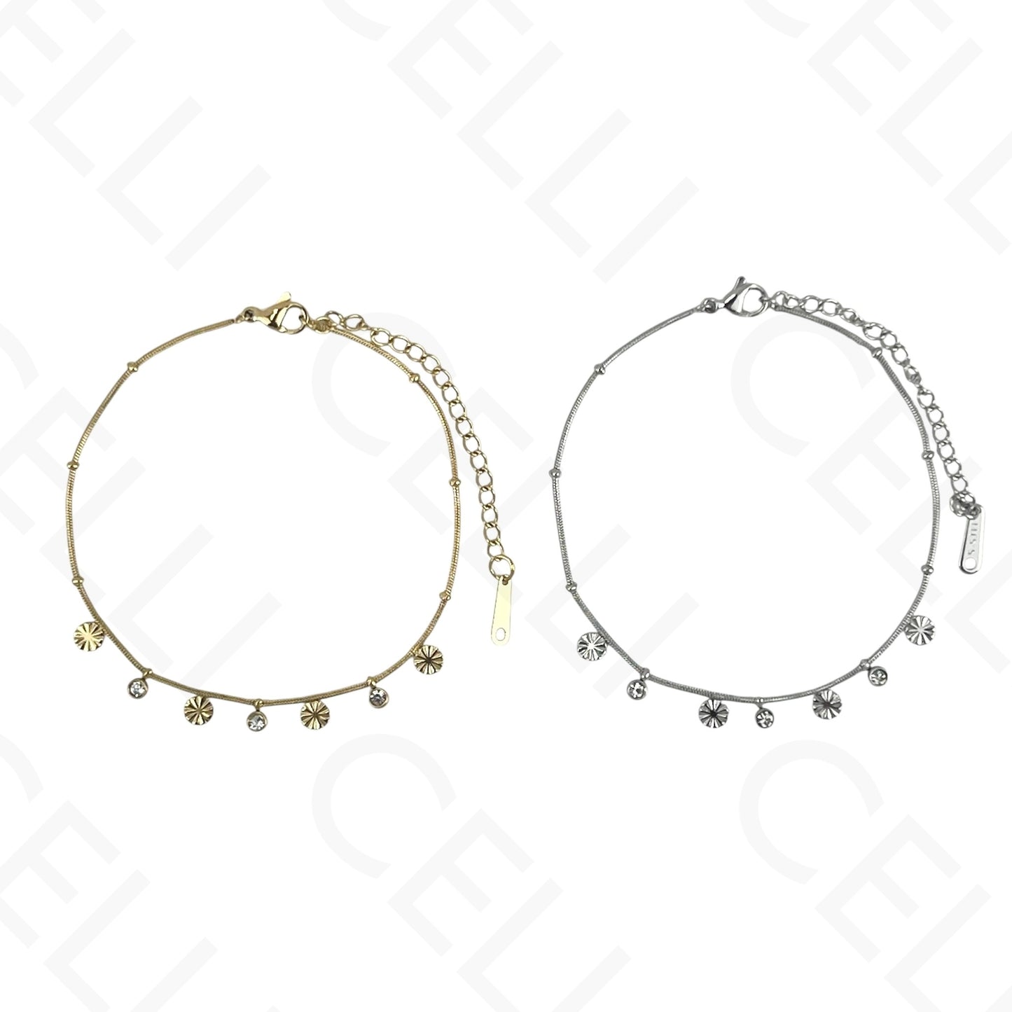 Colar/Pulseira de aço - mini pendentes redondos com brilhantes