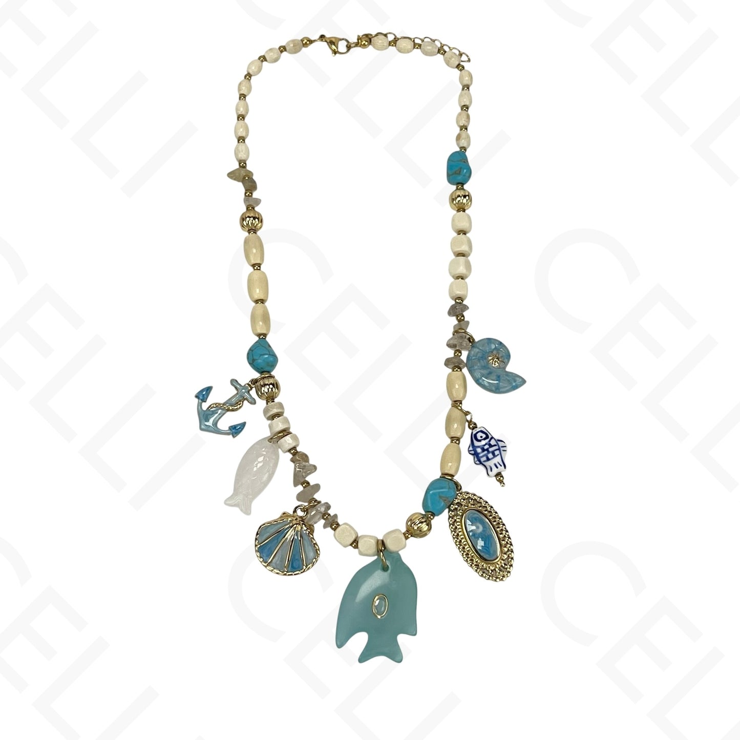 Steel Necklace - Stone Fish and Enamel Pendants