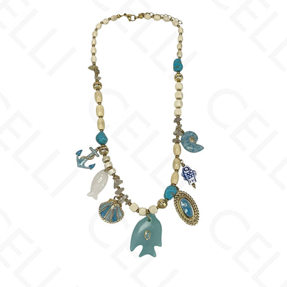 Steel Necklace - Stone Fish and Enamel Pendants