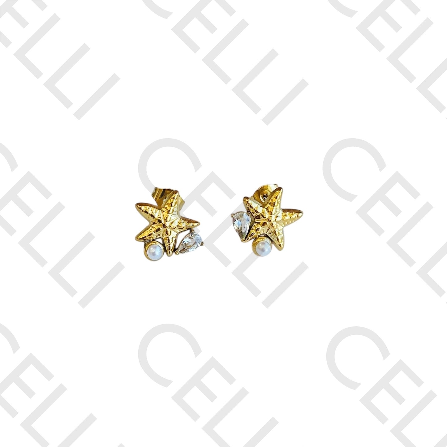 不锈钢耳环 - 海星配珍珠和闪钻