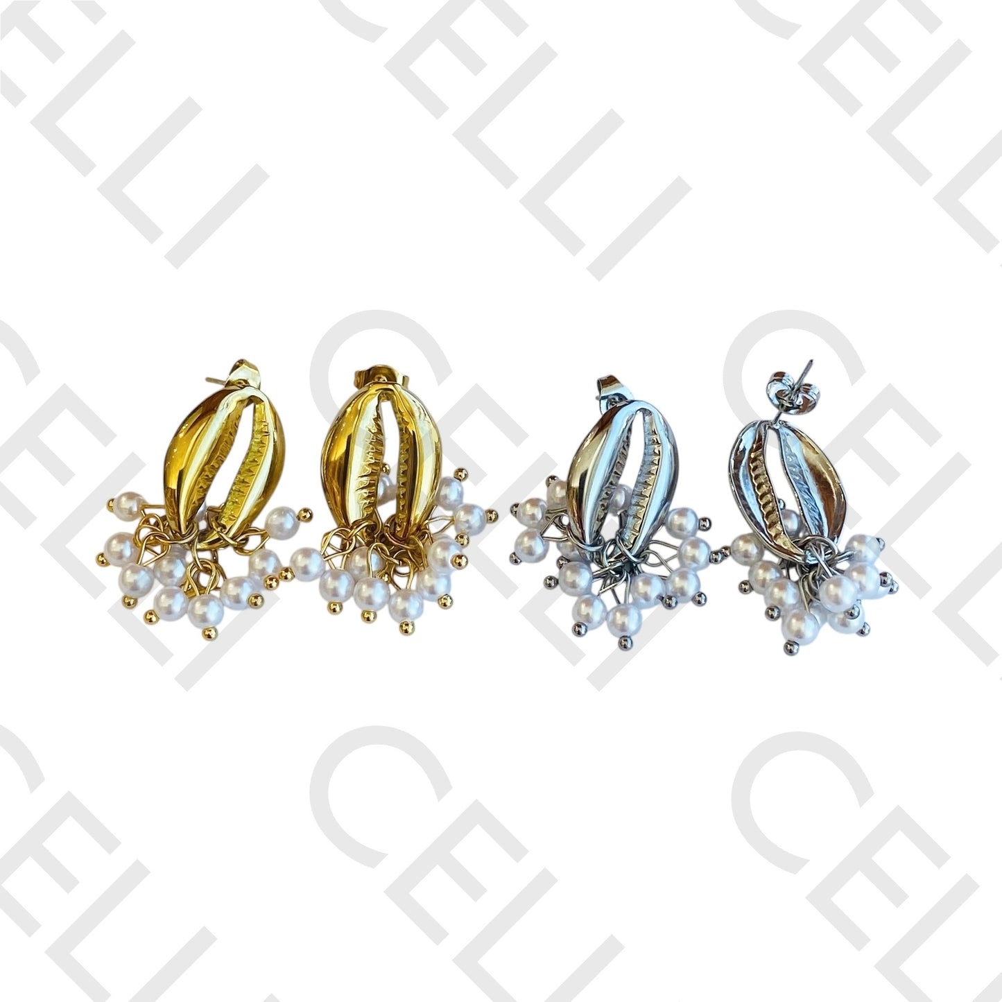 Brinco de aço - búzio beijinho com pérolas