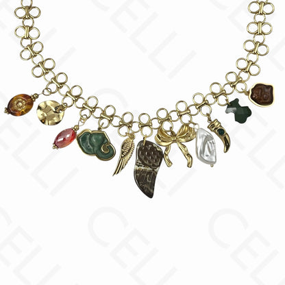 钢制项链 - 多吊坠，翅膀，环