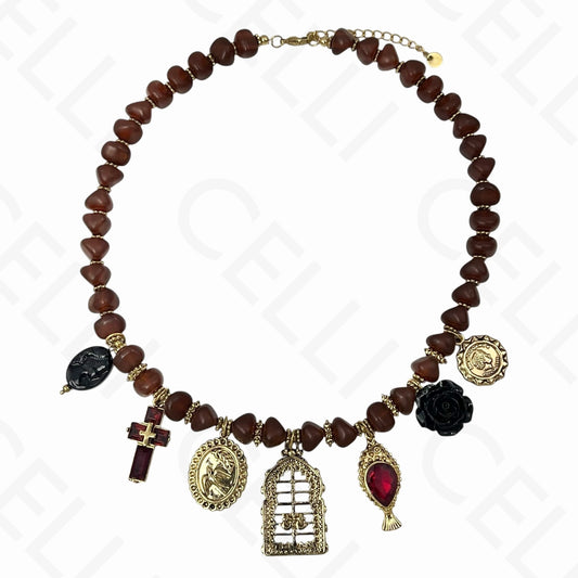 Colar de aço - multi pendentes, contas de resina