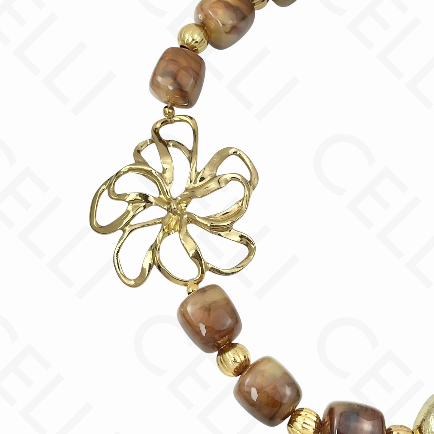 Colar de aço - contas de resina, flor grande entremeio