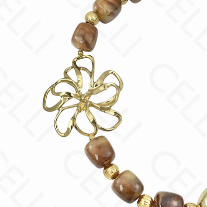 Colar de aço - contas de resina, flor grande entremeio