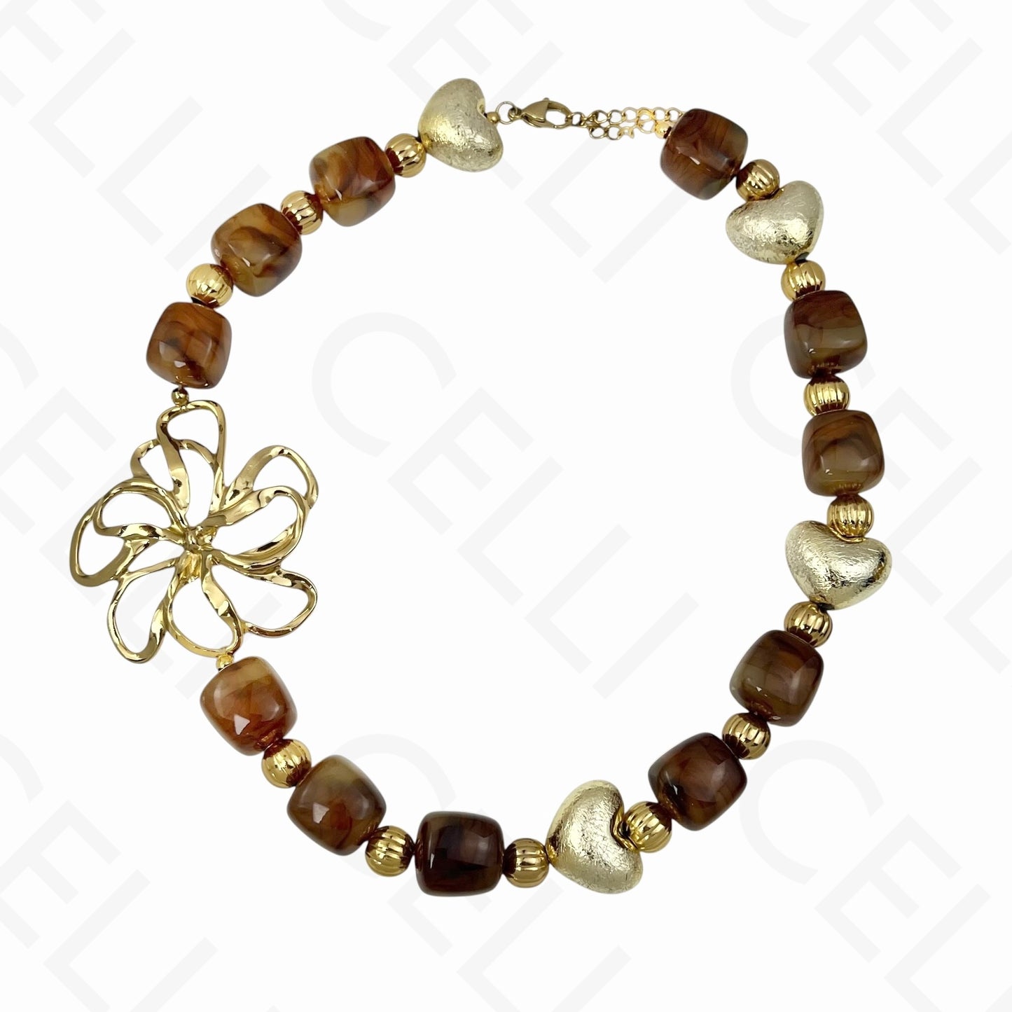 Colar de aço - contas de resina, flor grande entremeio