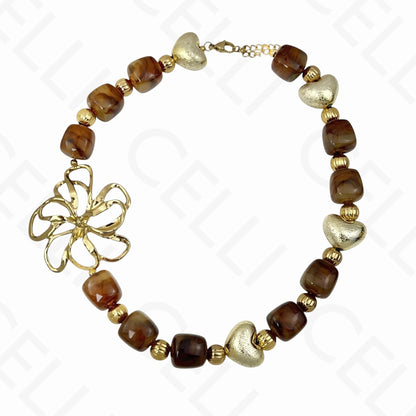 Colar de aço - contas de resina, flor grande entremeio