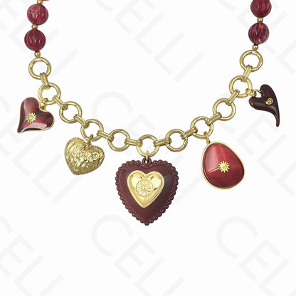 Colar de aço - multi pendentes coração, corrente e contas resina