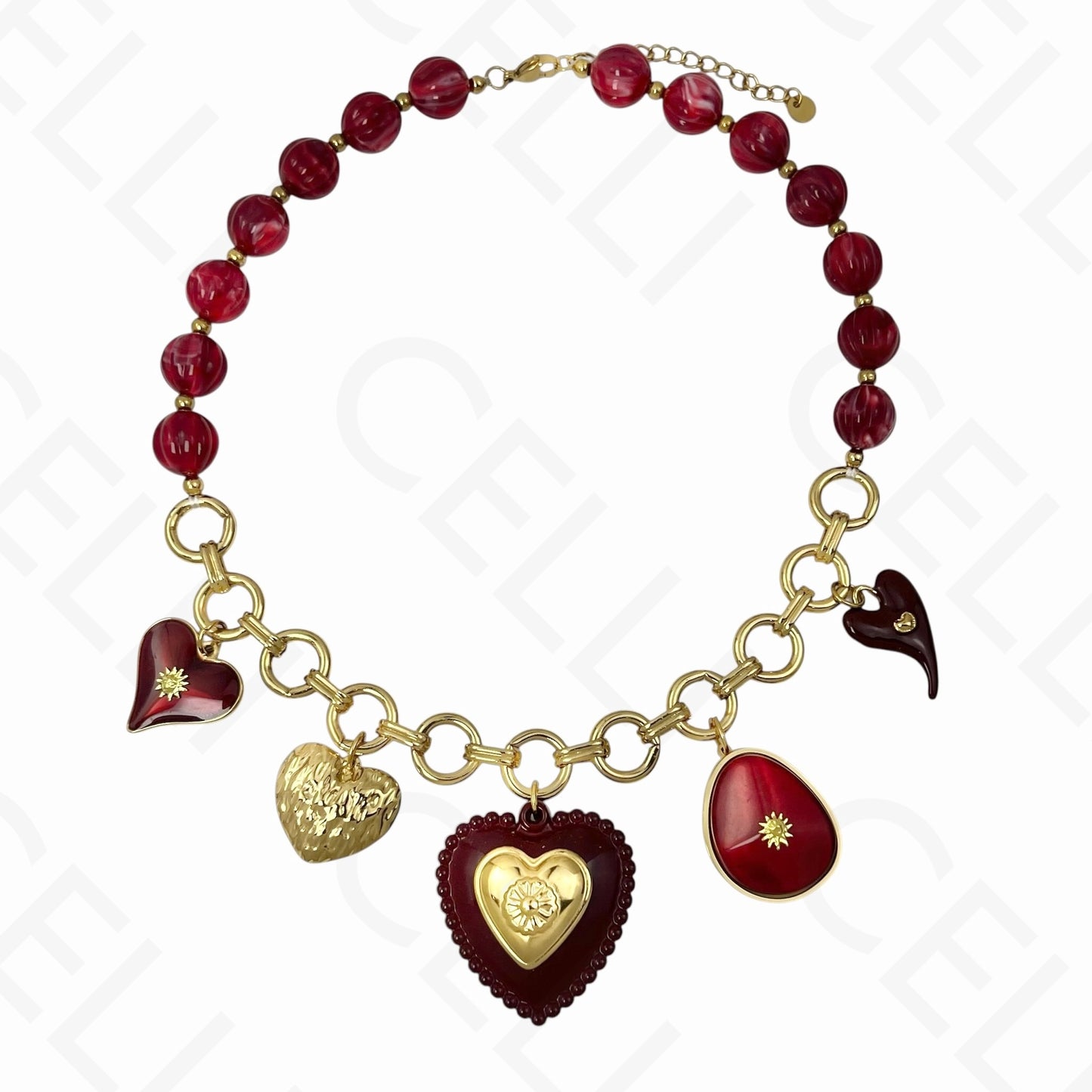 Colar de aço - multi pendentes coração, corrente e contas resina