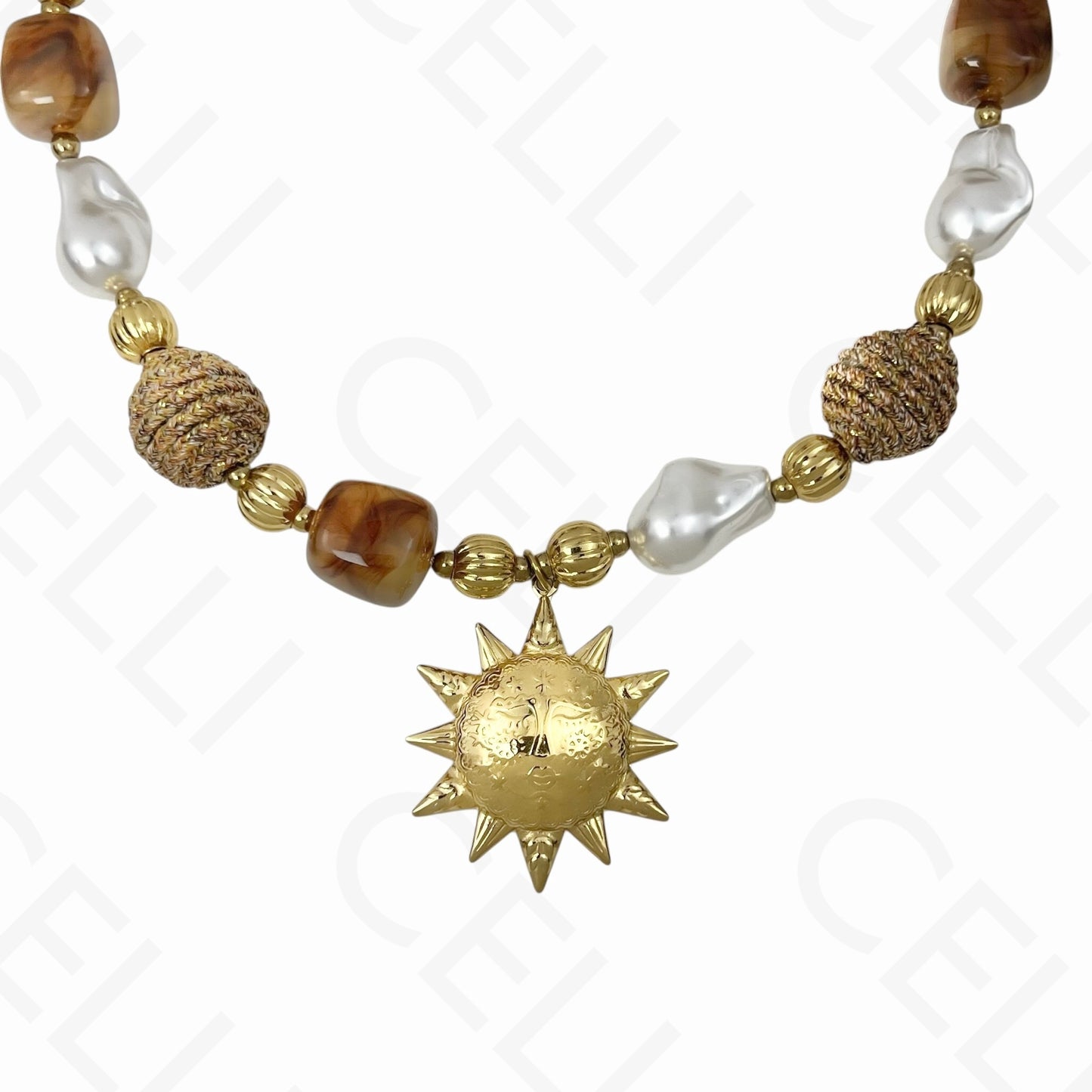 钢制项链 - 大太阳，树脂珠，珍珠