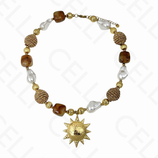 Colar de aço - sol grande, contas resina, pérolas