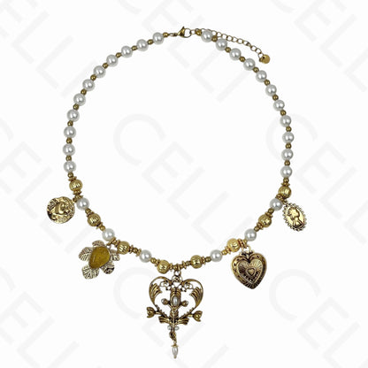 Colar de aço - multi pendentes, coração trabalhado com pérolas