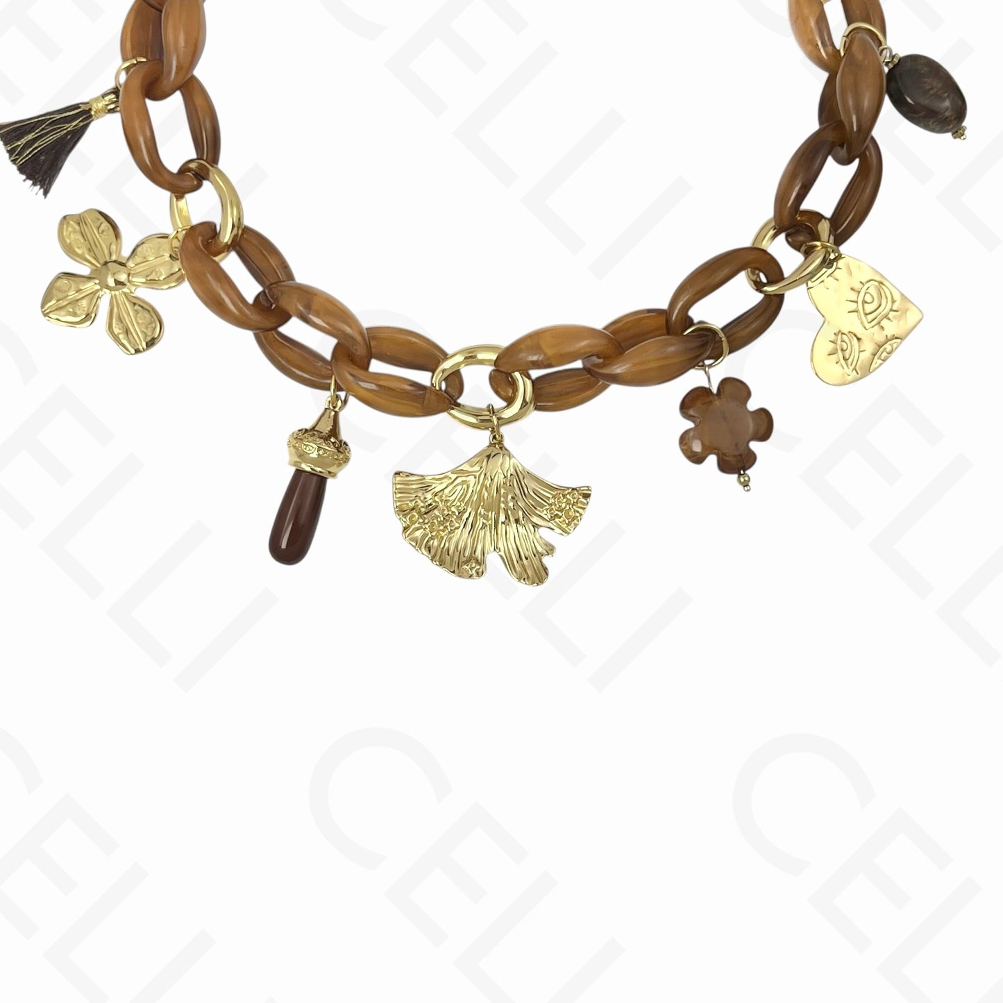 Collar de acero - múltiples colgantes, hoja, flor, cadena de resina