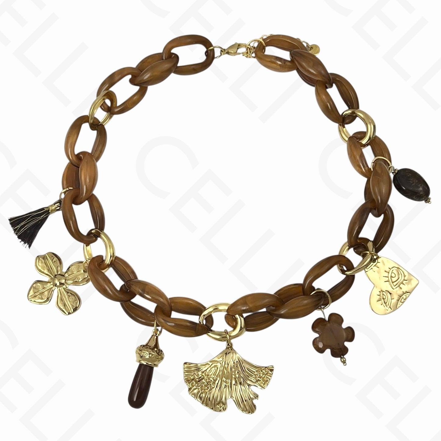 Collar de acero - múltiples colgantes, hoja, flor, cadena de resina