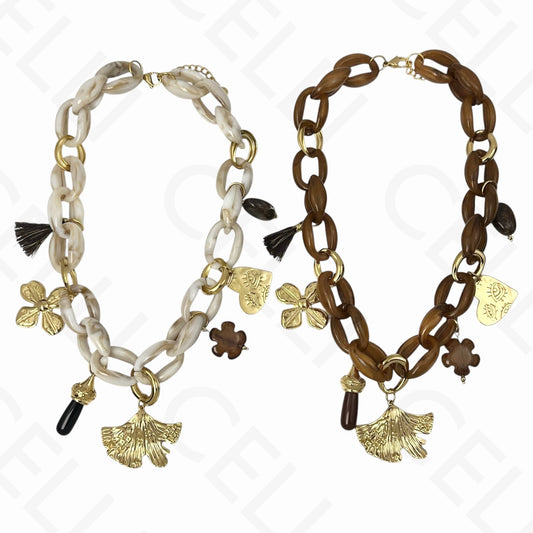 Colar de aço - multi pendentes, folha, flor, corrente resina