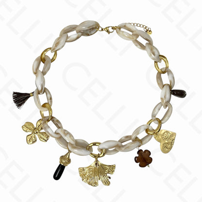 Collar de acero - múltiples colgantes, hoja, flor, cadena de resina