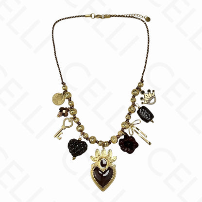 Collar de acero - múltiples colgantes, corazón, hilo de algodón
