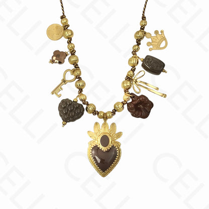 Collar de acero - múltiples colgantes, corazón, hilo de algodón