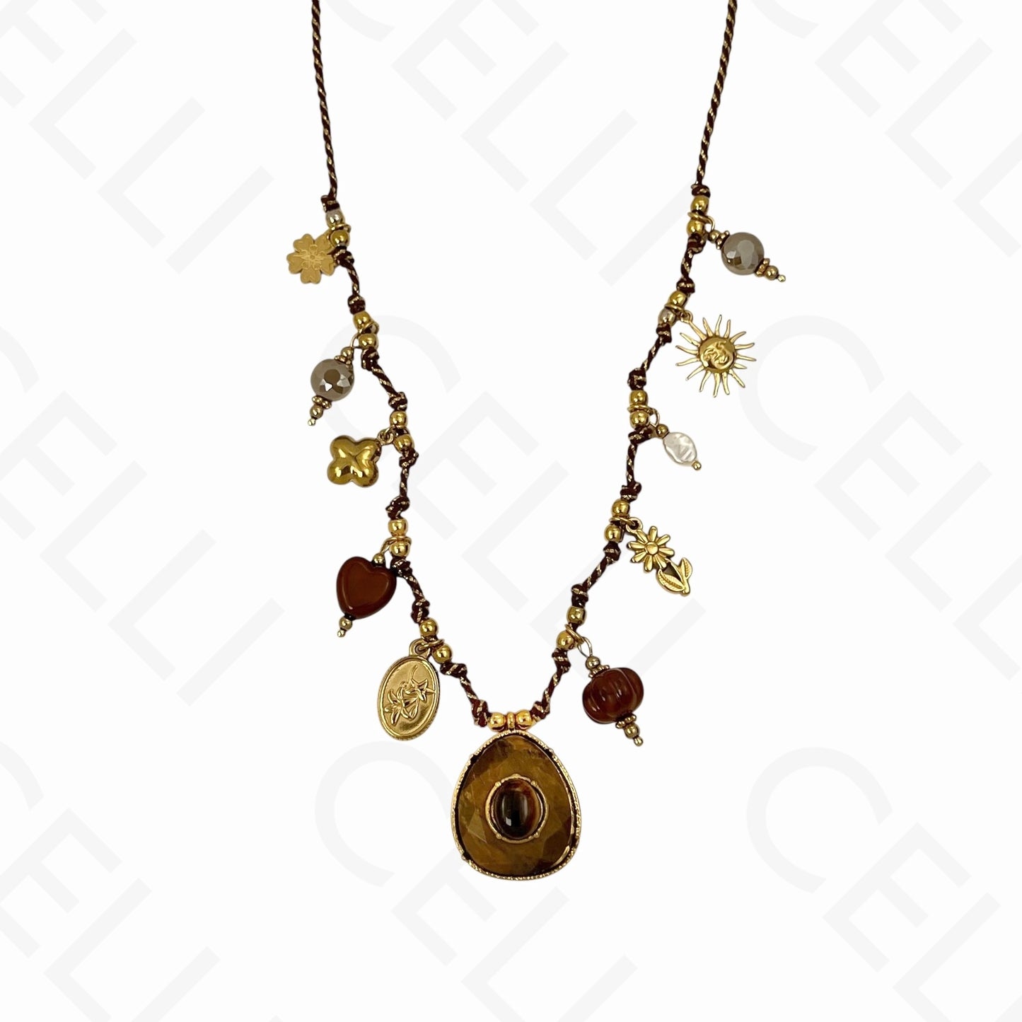 Collar de acero - múltiples colgantes, piedra natural, hilo de algodón