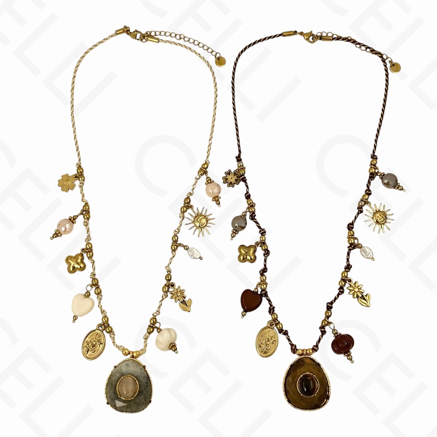 Collar de acero - múltiples colgantes, piedra natural, hilo de algodón