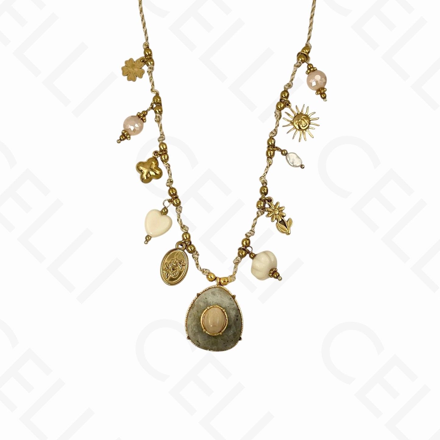 Collar de acero - múltiples colgantes, piedra natural, hilo de algodón