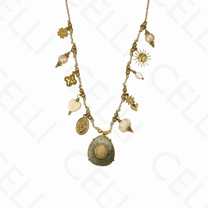 Collar de acero - múltiples colgantes, piedra natural, hilo de algodón