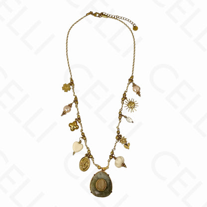 Collar de acero - múltiples colgantes, piedra natural, hilo de algodón