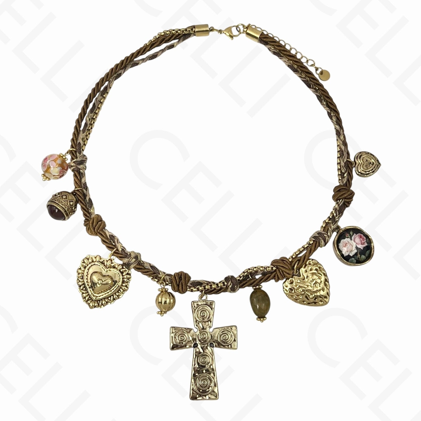 Collar de acero - múltiples colgantes, cruz grande, hilo de algodón